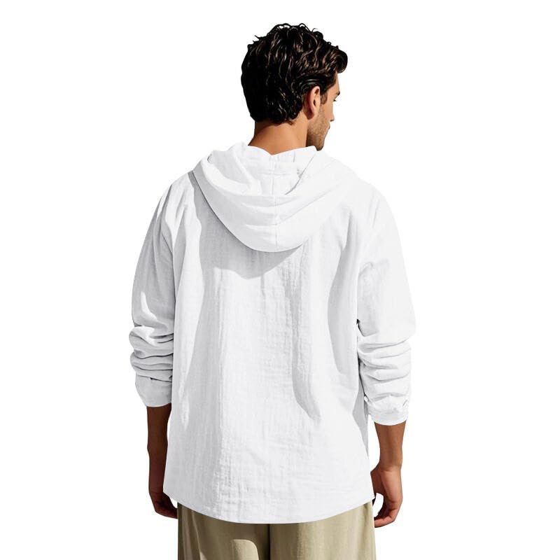 TAFLE Men's Linen Hoodie Lightweight Hawaiian Shirt Casual Beach Shirt with Pockets White