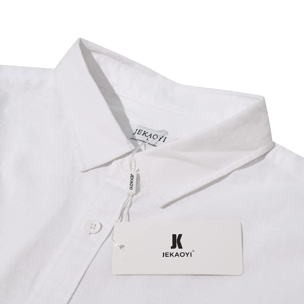 JEKAOYI Mens Casual Long Sleeve Cotton Linen Shirts Buttons Down Solid Plain Roll-Up Sleeve Summer Beach Shirts White