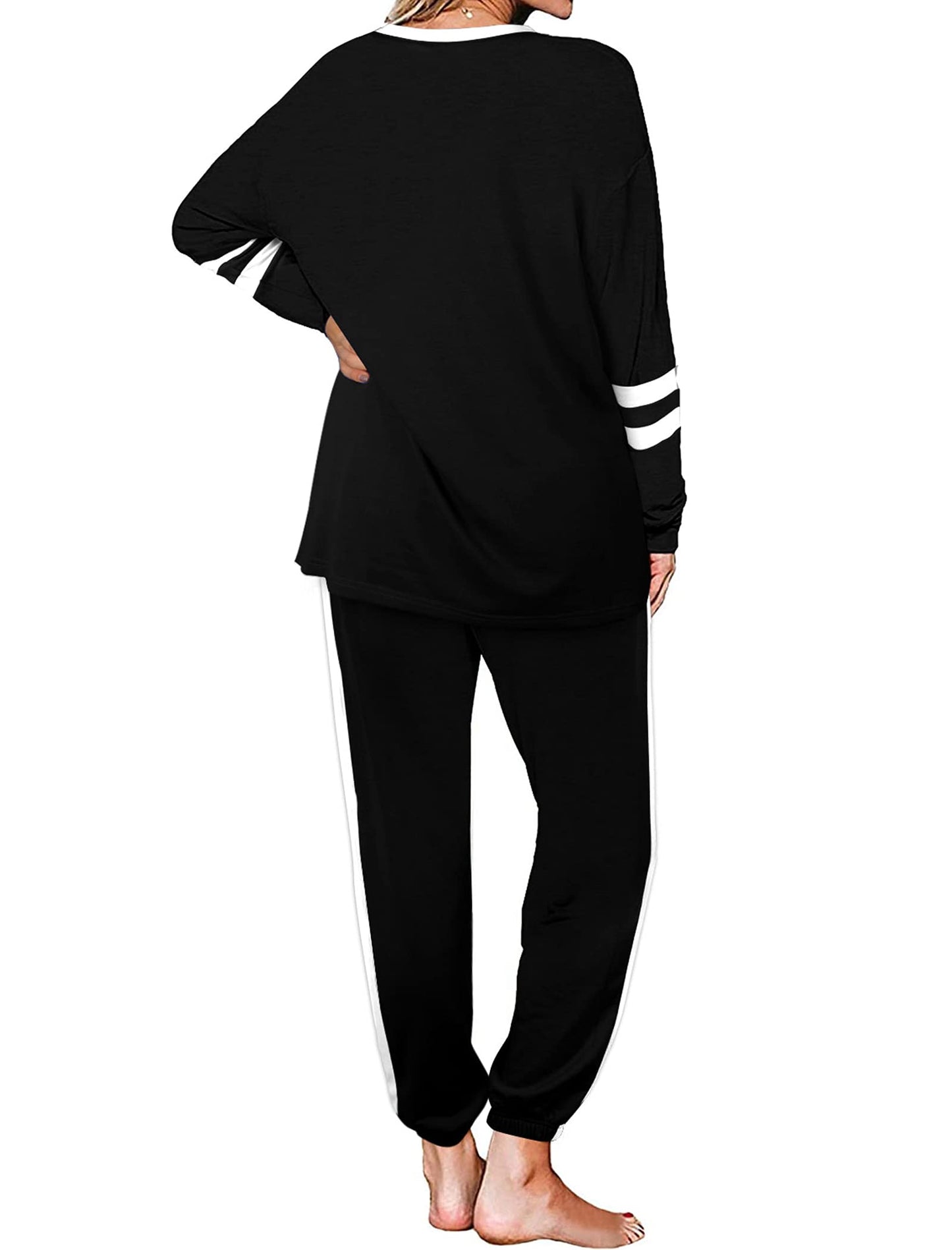 Aloodor Lounge Sets for Women Loungewear Set Casual Stripe Sleeve Tops Date Outfits Fashion Clothing Black S