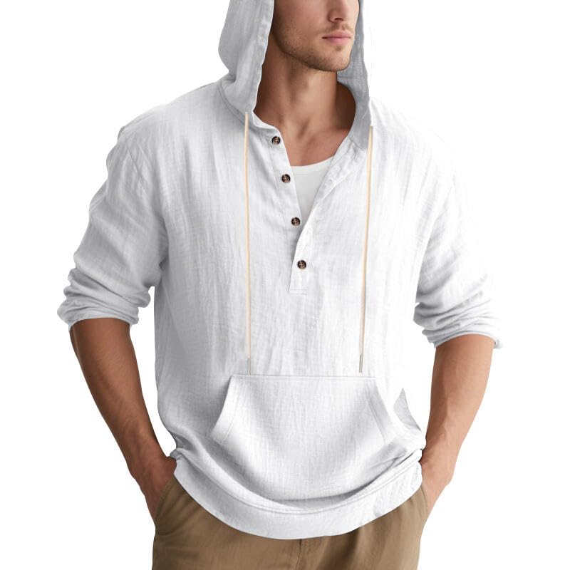 TAFLE Men's Linen Hoodie Lightweight Hawaiian Shirt Casual Beach Shirt with Pockets White