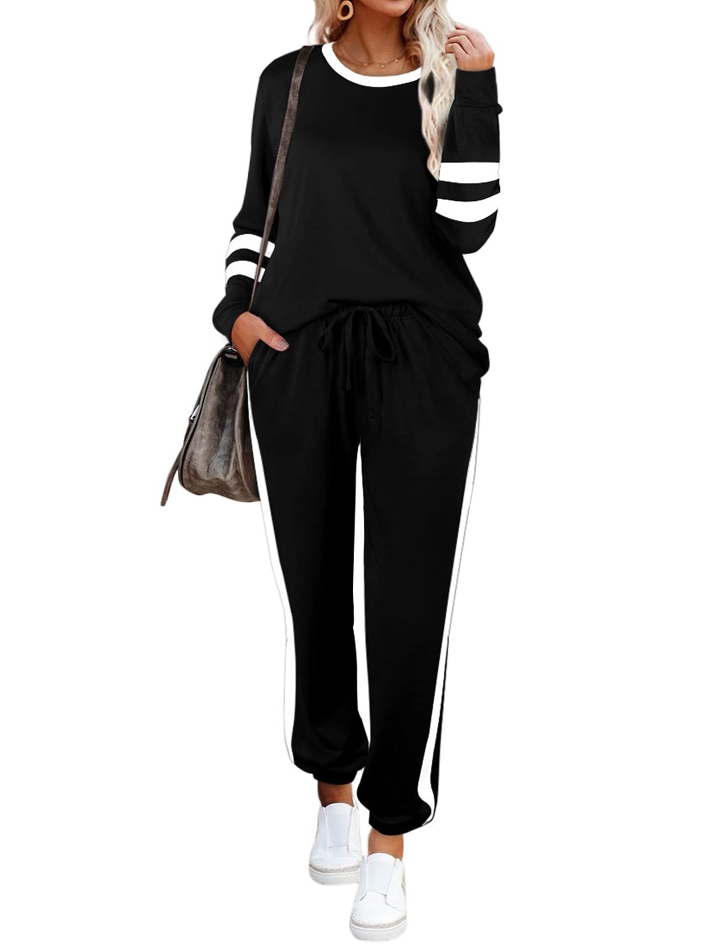 Aloodor Lounge Sets for Women Loungewear Set Casual Stripe Sleeve Tops Date Outfits Fashion Clothing Black S