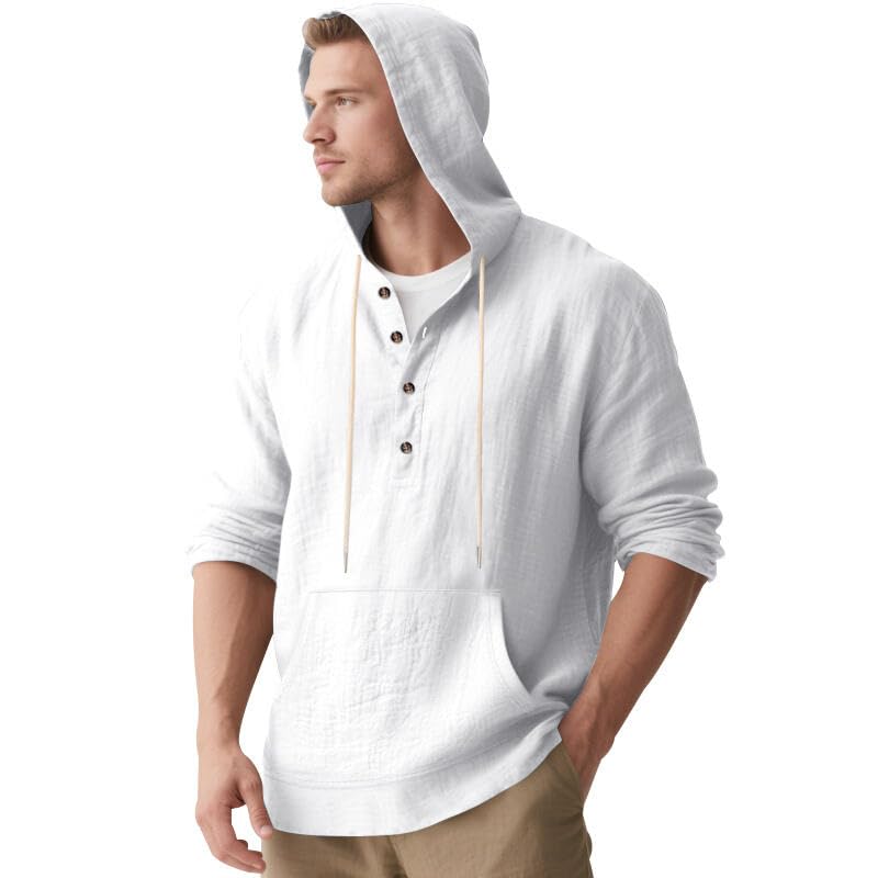 TAFLE Men's Linen Hoodie Lightweight Hawaiian Shirt Casual Beach Shirt with Pockets White