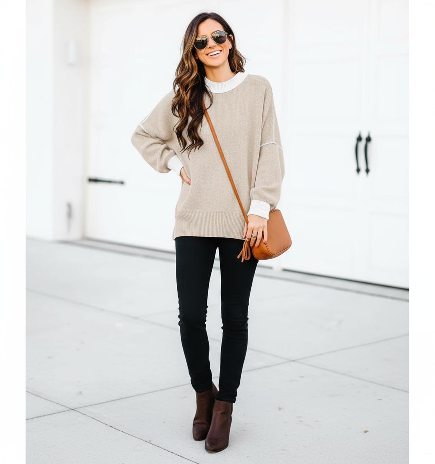 ETCYY Womens Oversized Sweaters Fall 2025 Fashion Clothes Trendy Batwing Sleeve Colorblock Striped Knit Pullover Tops,Apricot,Medium
