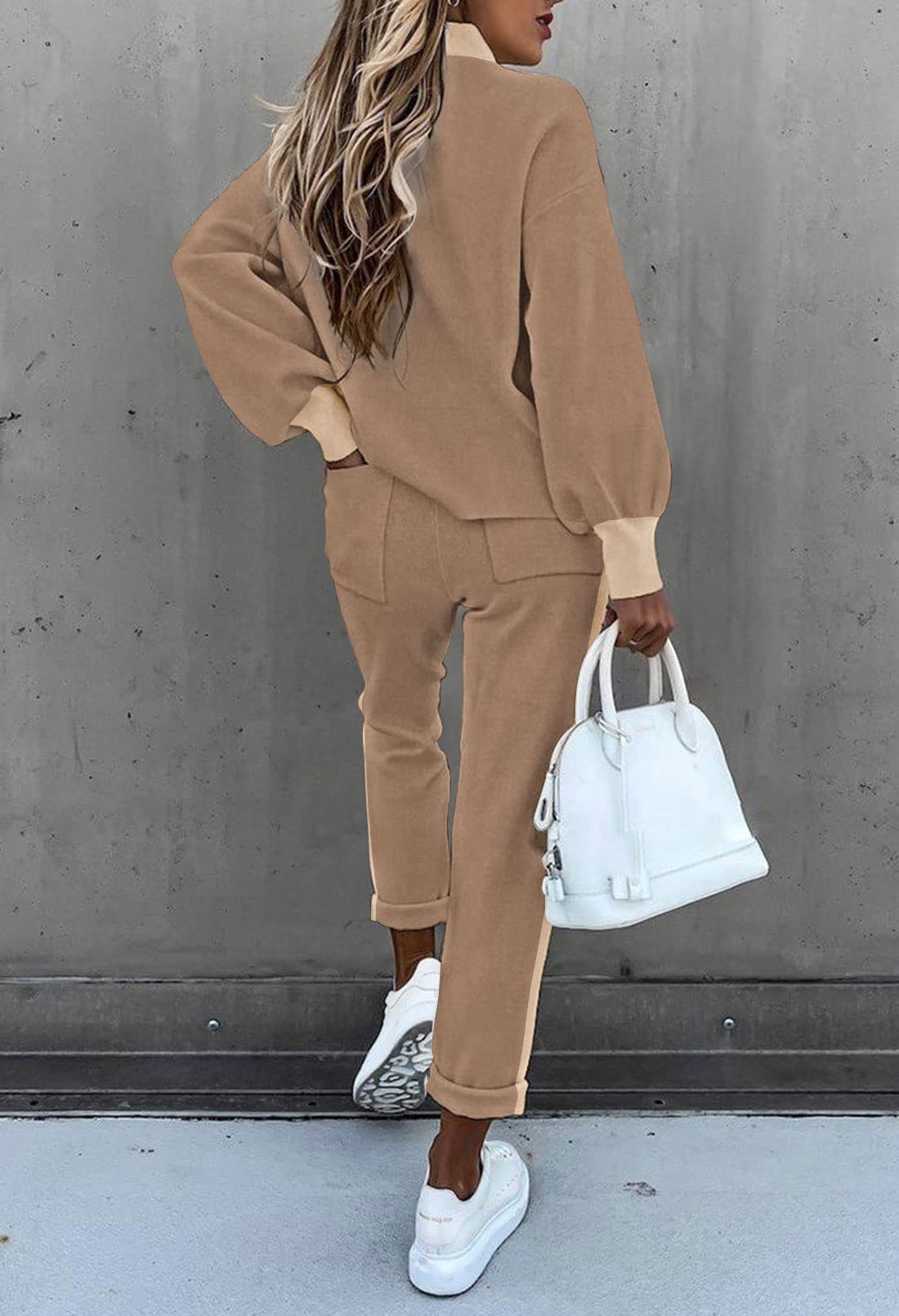 Fixmatti Women's 2 Piece Outfits Contrast Color Sweatshirt Matching Sweatpants Jogger Set Tracksuit Casual Jogging Suits Trendy Fashion L