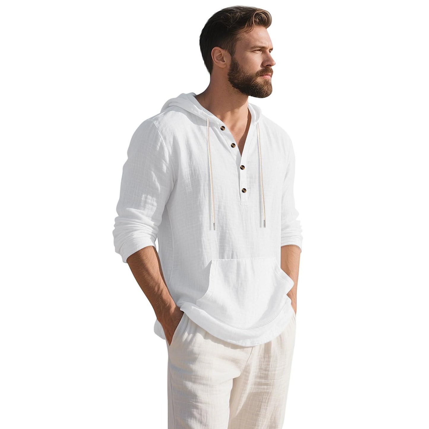 TAFLE Men's Linen Hoodie Lightweight Hawaiian Shirt Casual Beach Shirt with Pockets White