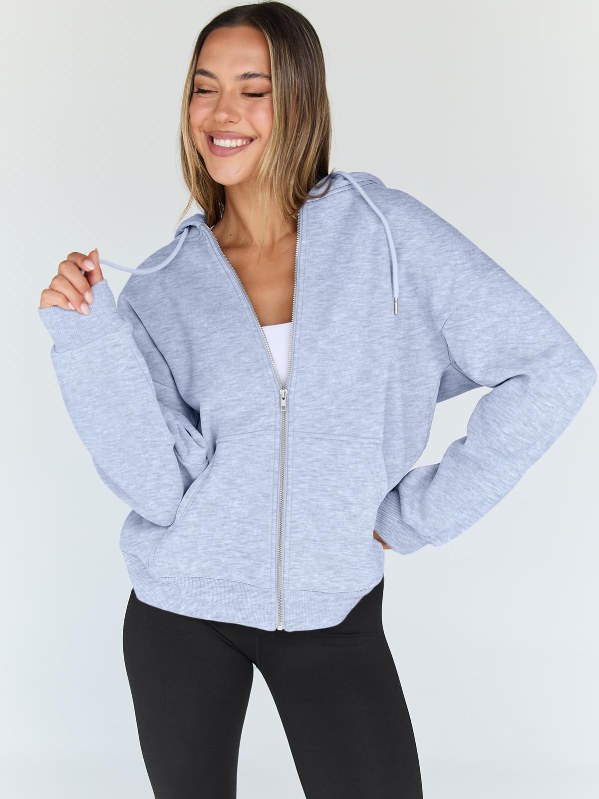 Trendy Queen Womens Zip Up Hoodies Oversized Sweatshirts Fall School Fashion Outfits Casual Jackets 2025 Winter Clothes Grey L