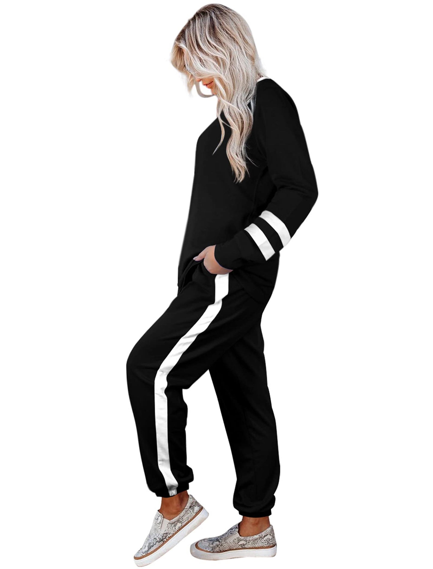 Aloodor Lounge Sets for Women Loungewear Set Casual Stripe Sleeve Tops Date Outfits Fashion Clothing Black S
