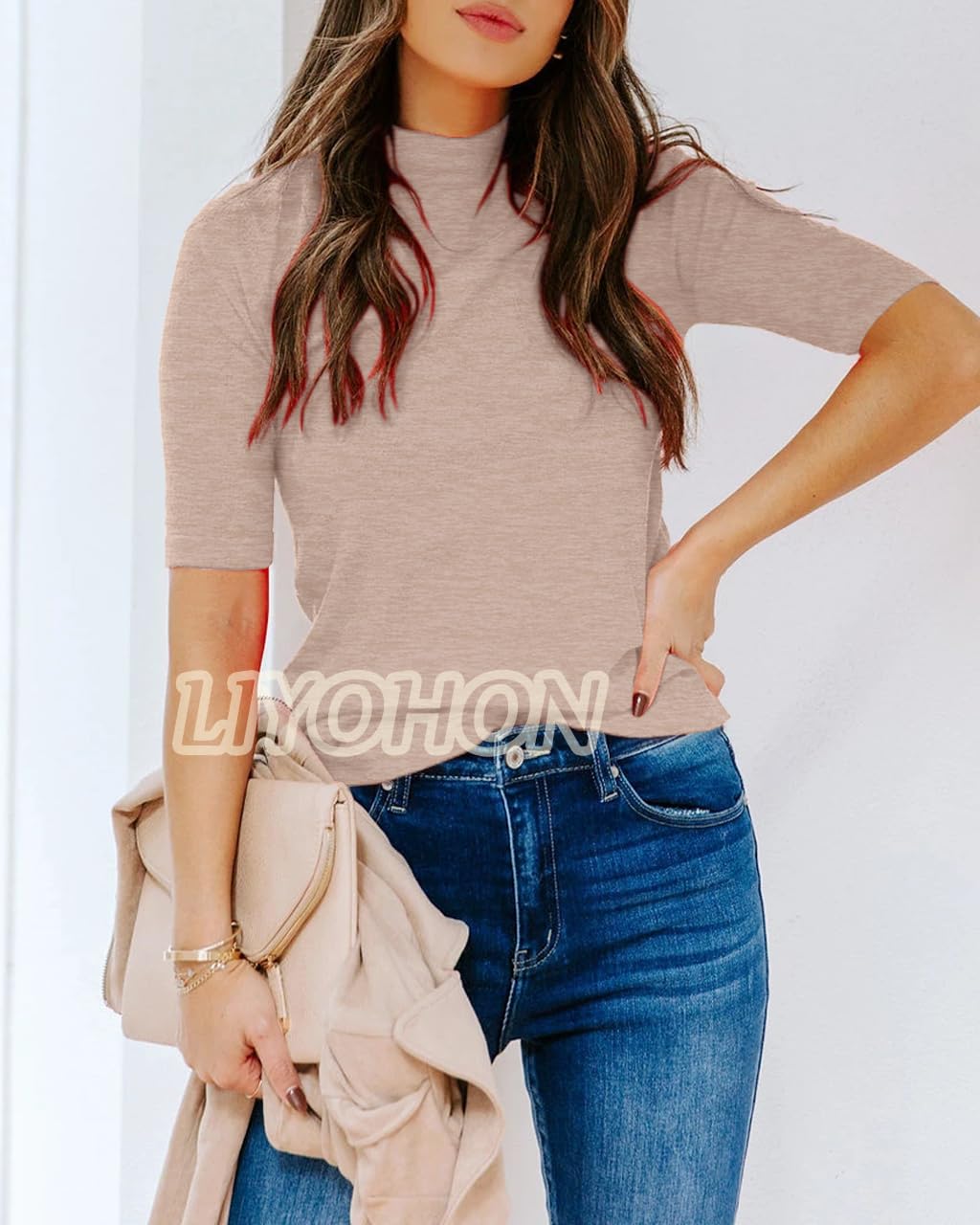 LIYOHON Womens Tops Dressy Casual Mock Turtleneck Business Short Sleeve T Shirts Going Out Tops 2025 Oatmeal-M