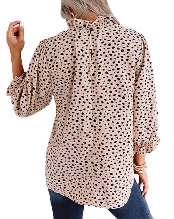 Avanova Women's Leopard Printed Ruffle Hem 3/4 Sleeve Mock Neck Elegant Work Blouses Top Beige Large