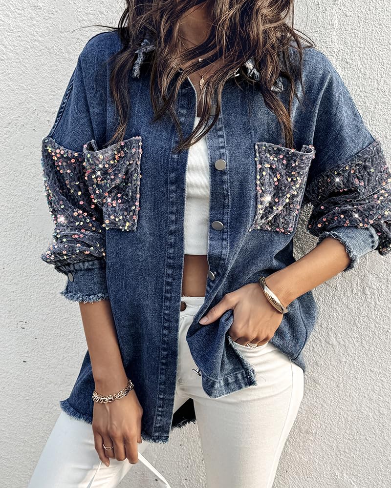 CHICME Womens Casual Denim Jacket Contrast Sequin Long Sleeve Rhinestone Denim Jackets-ldb-L