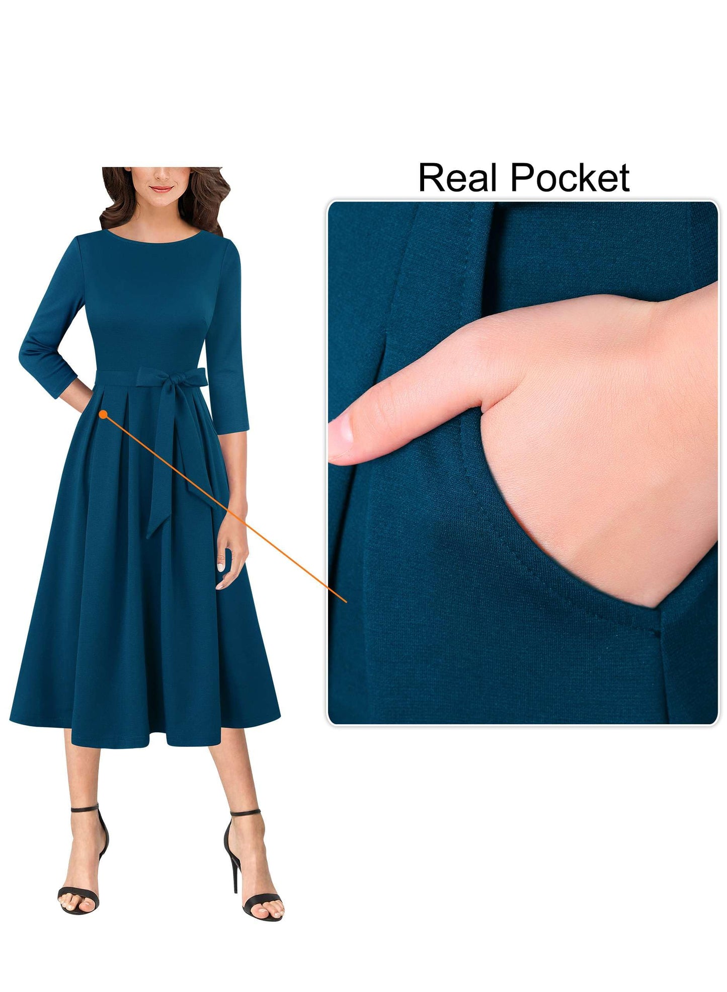 VFSHOW Womens Work Office Business Casual Fit and Flare Crew Neck Belted Pockets Church Pleated A Line Midi Dress (Peacock Blue, Large) 12097 BLU L