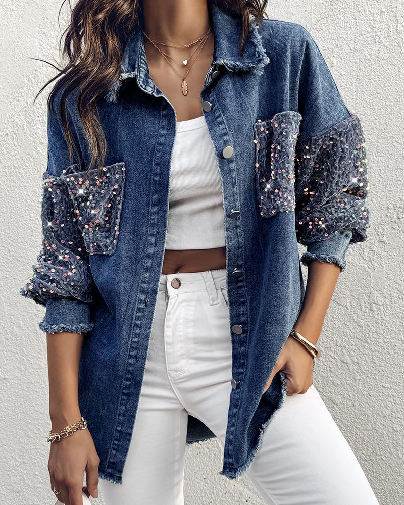 CHICME Womens Casual Denim Jacket Contrast Sequin Long Sleeve Rhinestone Denim Jackets-ldb-L