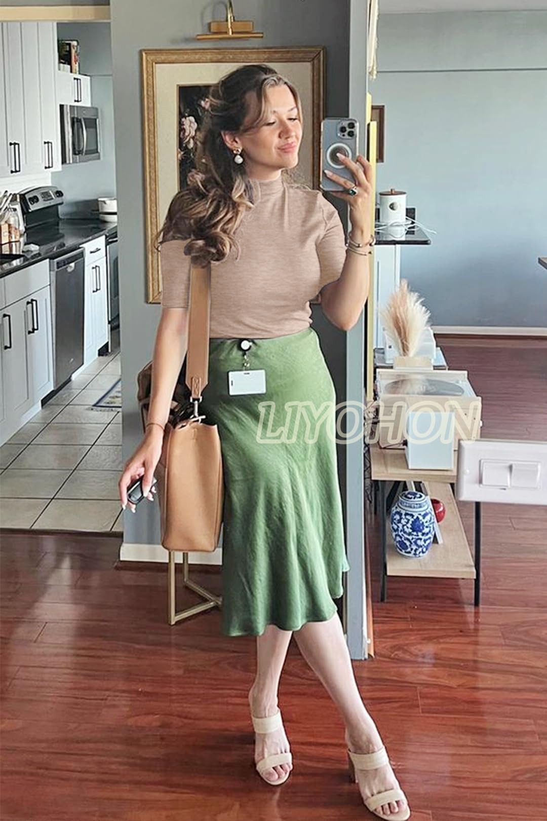 LIYOHON Womens Tops Dressy Casual Mock Turtleneck Business Short Sleeve T Shirts Going Out Tops 2025 Oatmeal-M