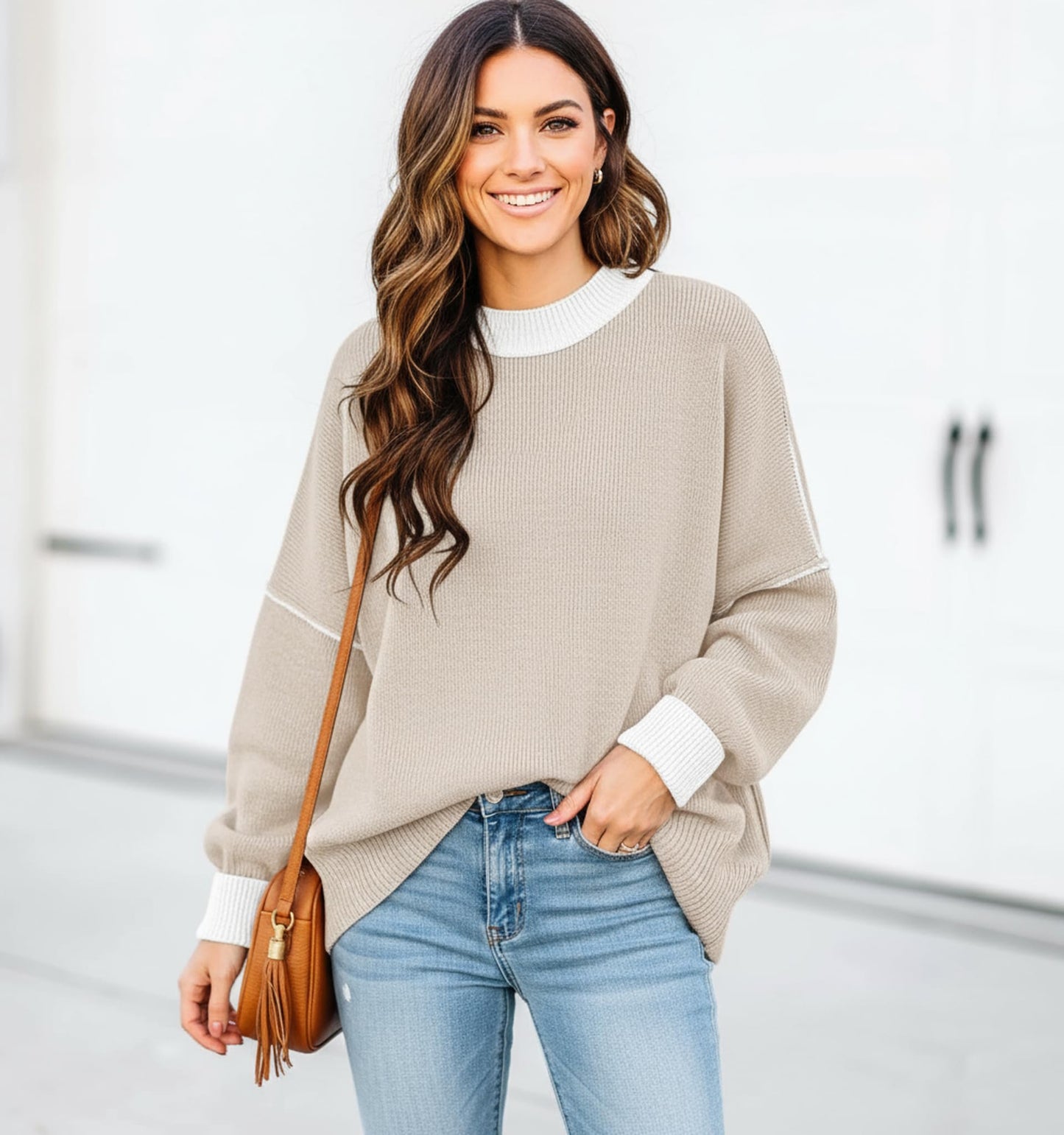 ETCYY Womens Oversized Sweaters Fall 2025 Fashion Clothes Trendy Batwing Sleeve Colorblock Striped Knit Pullover Tops,Apricot,Medium