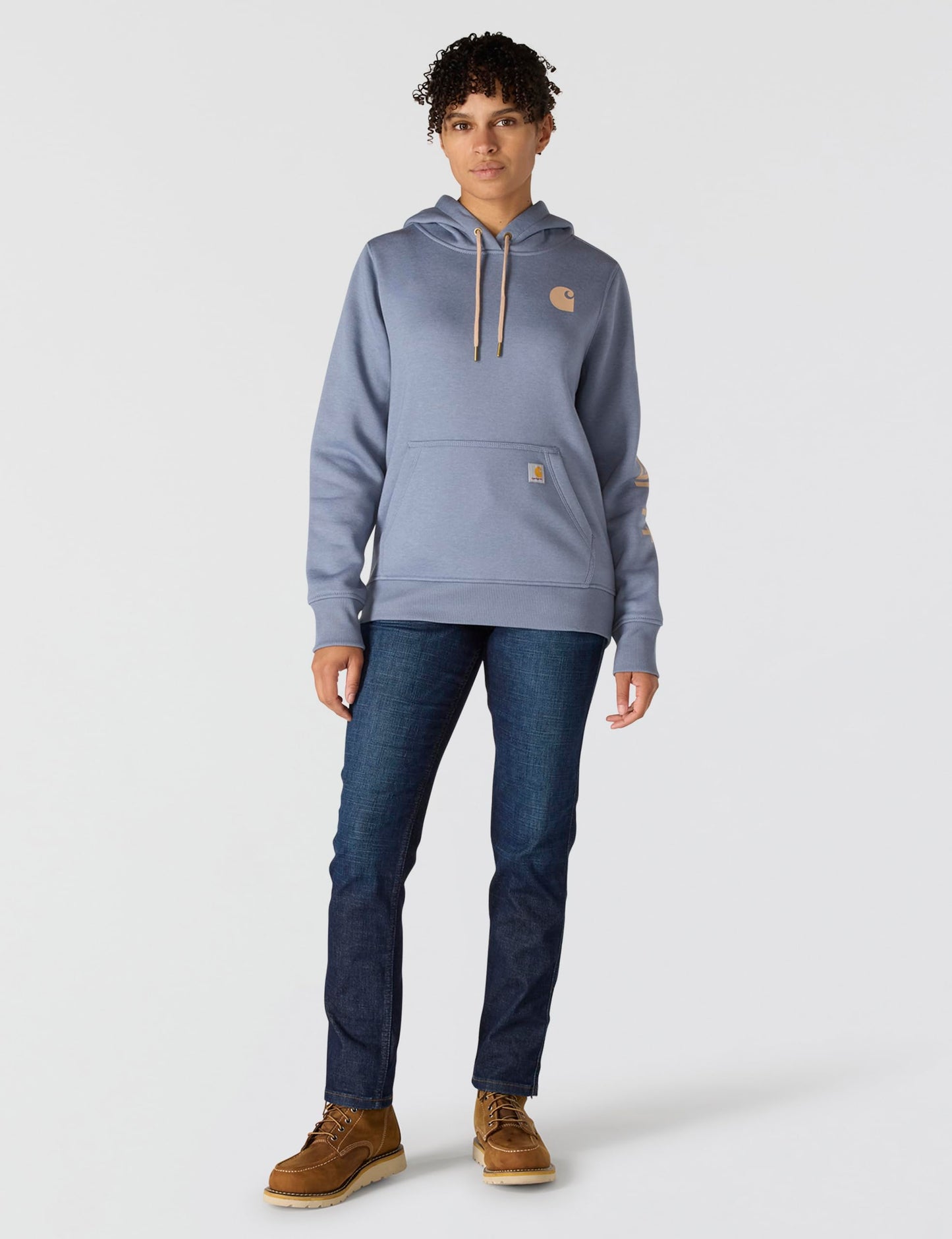 Carhartt Women's Relaxed Fit Midweight Logo Sleeve Graphic Sweatshirt, Light Faded Navy Heather/Light Taupe Hea, Small