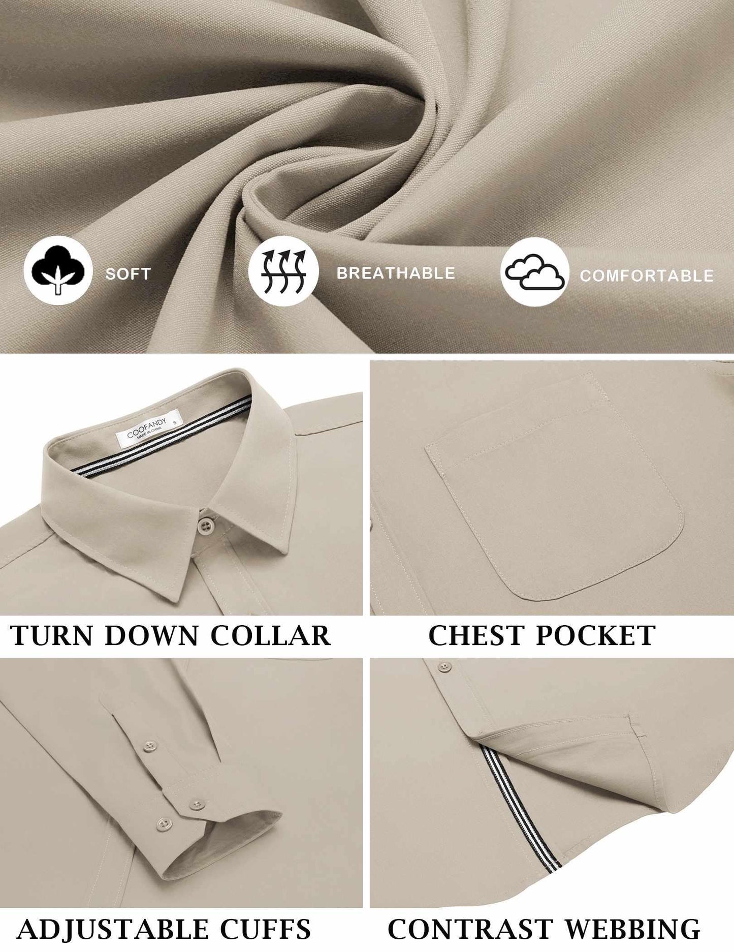 COOFANDY Mens Dress Shirts Long Sleeve Casual Button Down Untucked Shirts for Men Light Khaki