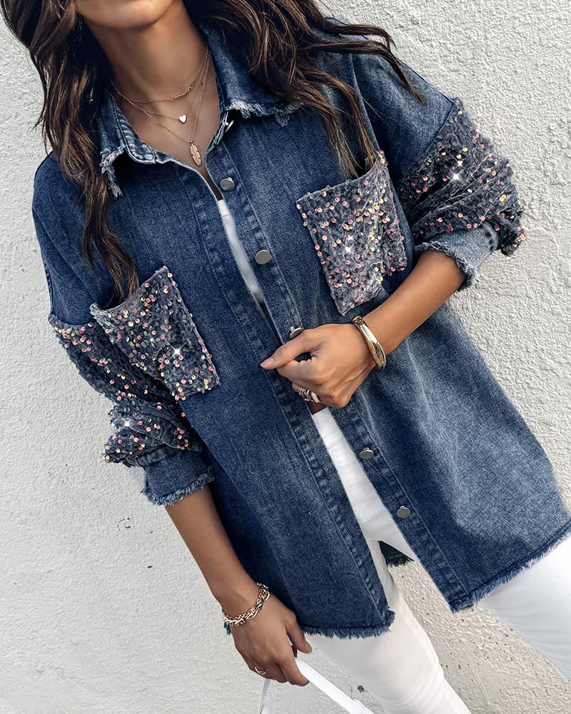 CHICME Womens Casual Denim Jacket Contrast Sequin Long Sleeve Rhinestone Denim Jackets-ldb-L