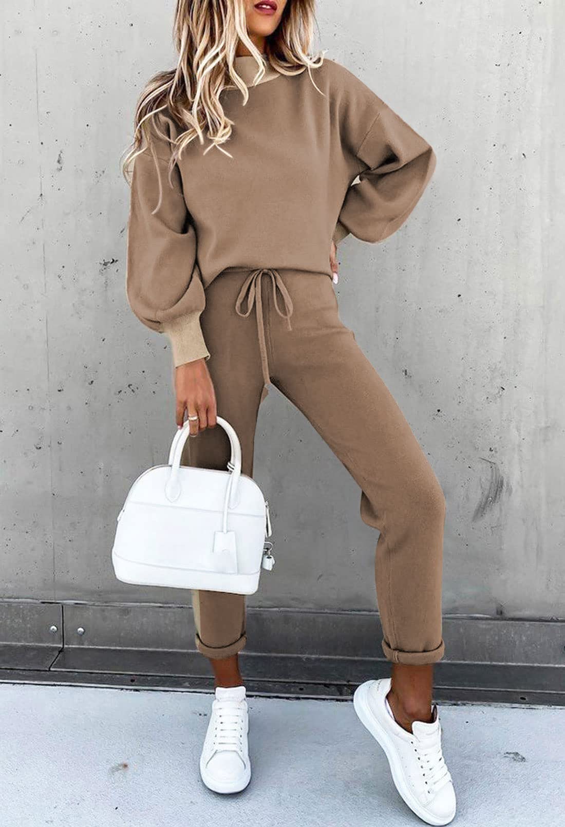 Fixmatti Women's 2 Piece Outfits Contrast Color Sweatshirt Matching Sweatpants Jogger Set Tracksuit Casual Jogging Suits Trendy Fashion L