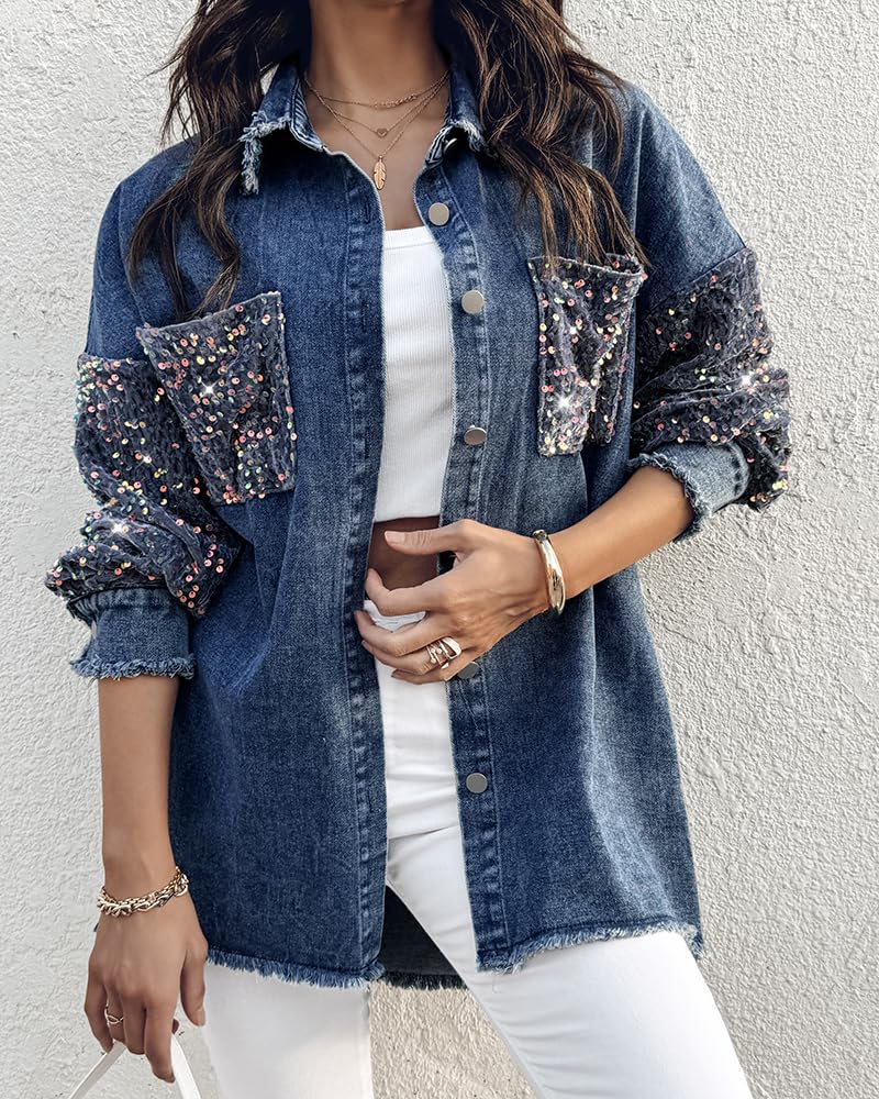 CHICME Womens Casual Denim Jacket Contrast Sequin Long Sleeve Rhinestone Denim Jackets-ldb-L
