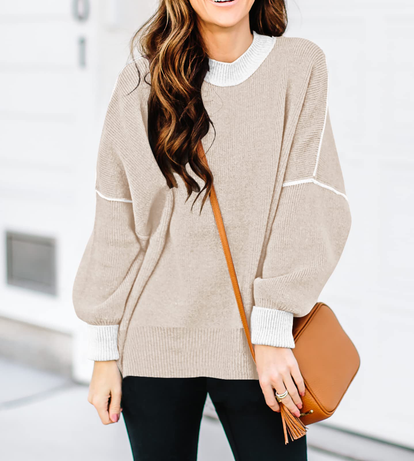 ETCYY Womens Oversized Sweaters Fall 2025 Fashion Clothes Trendy Batwing Sleeve Colorblock Striped Knit Pullover Tops,Apricot,Medium
