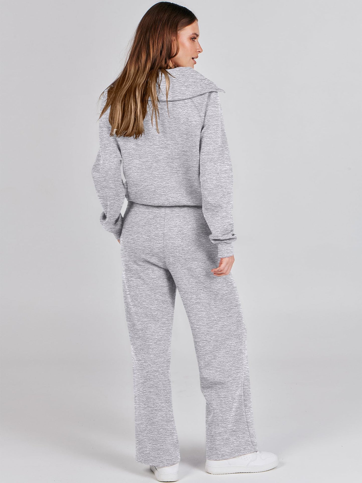 ANRABESS Women 2 Piece Outfits 2025 Fall Fashion Airport Wide Leg Pants Lounge Set Leisure Travel Vacation Clothes Sweatsuits Light Grey X-Large