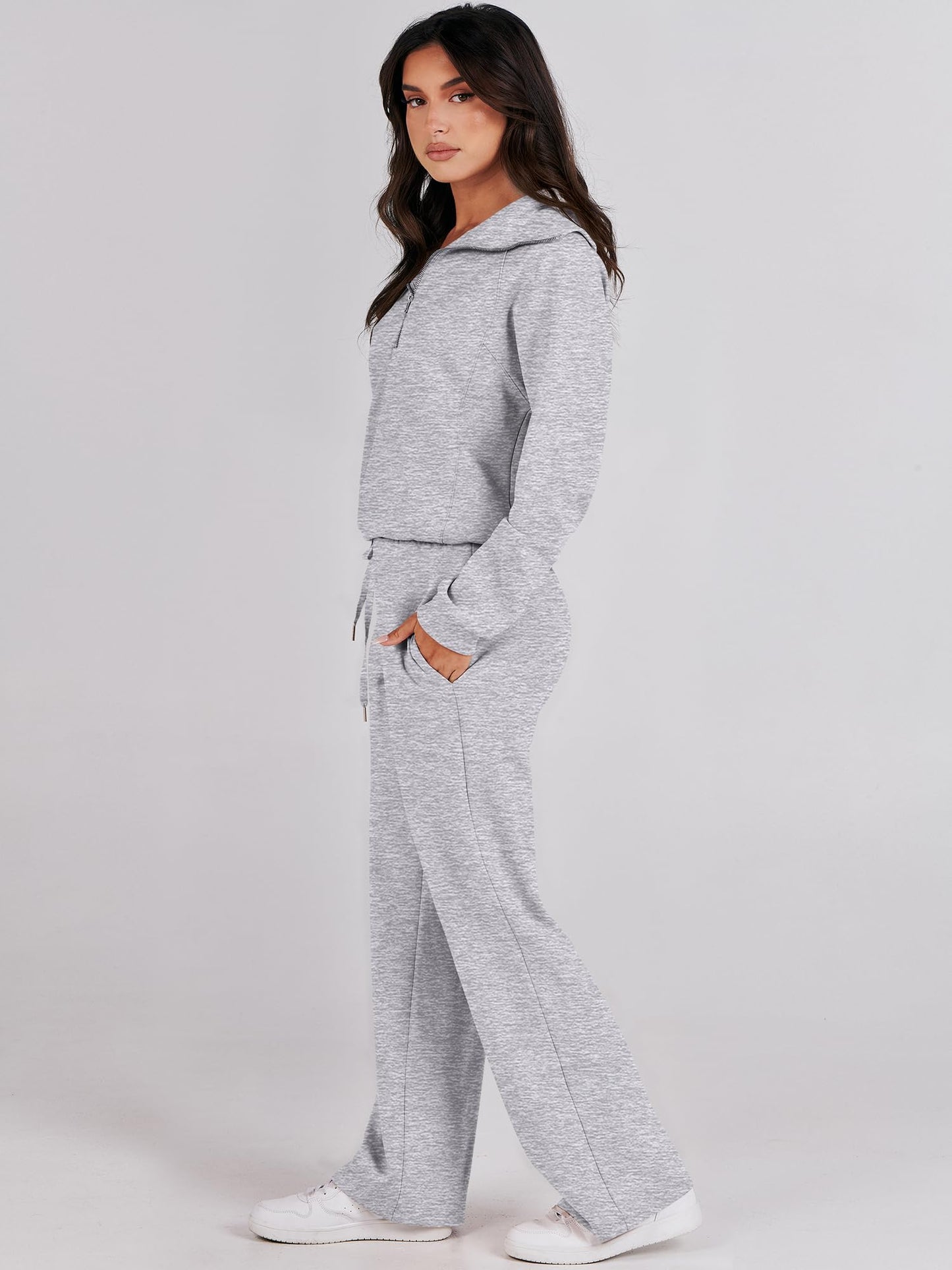 ANRABESS Women 2 Piece Outfits 2025 Fall Fashion Airport Wide Leg Pants Lounge Set Leisure Travel Vacation Clothes Sweatsuits Light Grey X-Large