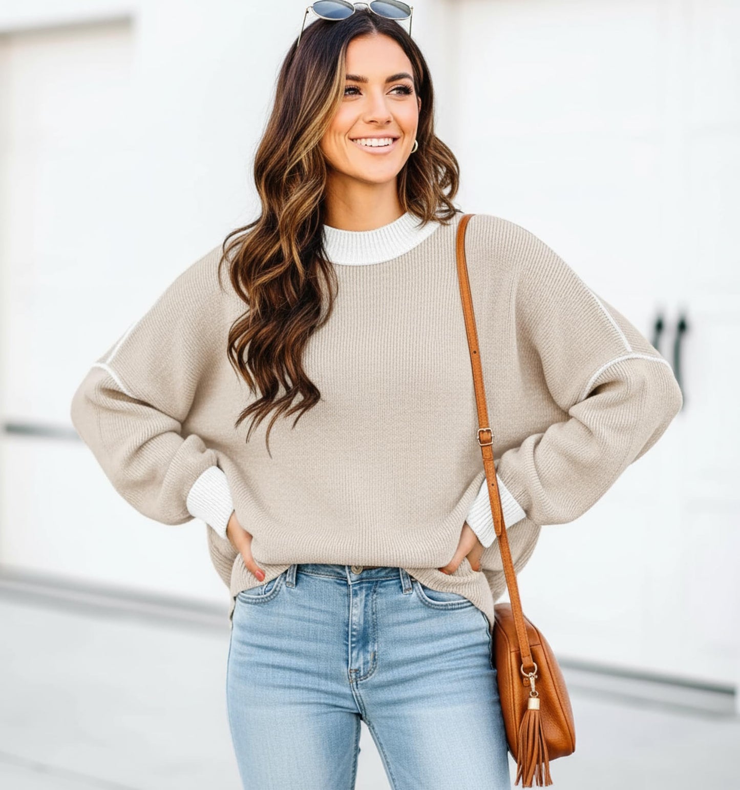 ETCYY Womens Oversized Sweaters Fall 2025 Fashion Clothes Trendy Batwing Sleeve Colorblock Striped Knit Pullover Tops,Apricot,Medium