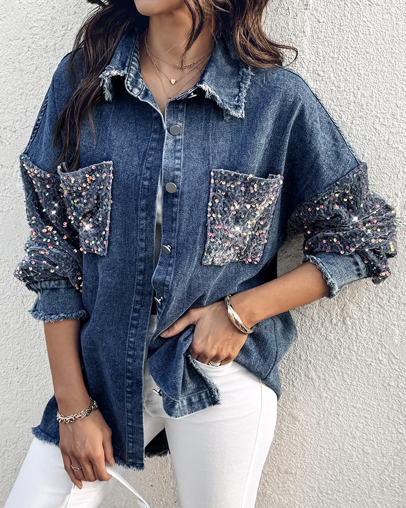 CHICME Womens Casual Denim Jacket Contrast Sequin Long Sleeve Rhinestone Denim Jackets-ldb-L