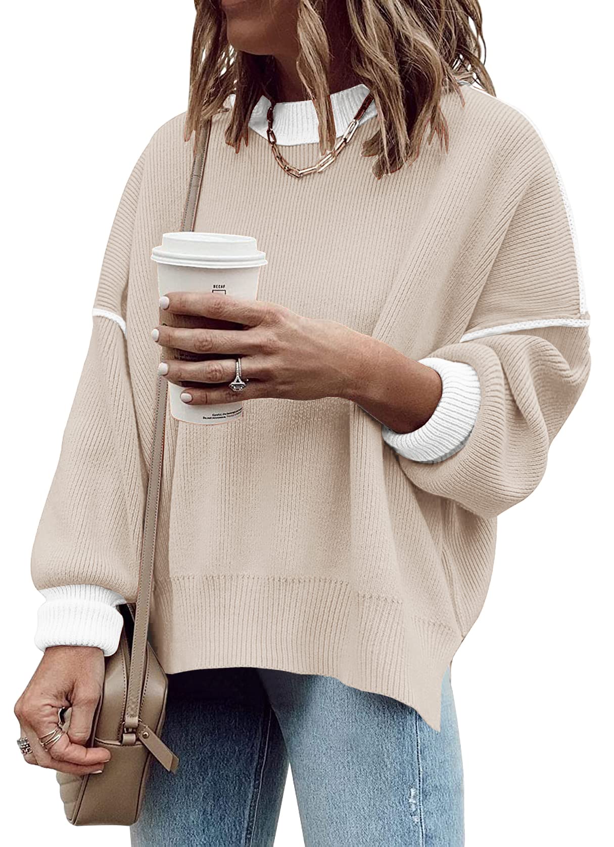 ETCYY Womens Oversized Sweaters Fall 2025 Fashion Clothes Trendy Batwing Sleeve Colorblock Striped Knit Pullover Tops,Apricot,Medium