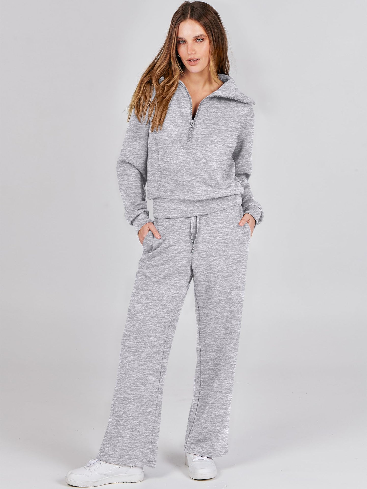 ANRABESS Women 2 Piece Outfits 2025 Fall Fashion Airport Wide Leg Pants Lounge Set Leisure Travel Vacation Clothes Sweatsuits Light Grey X-Large
