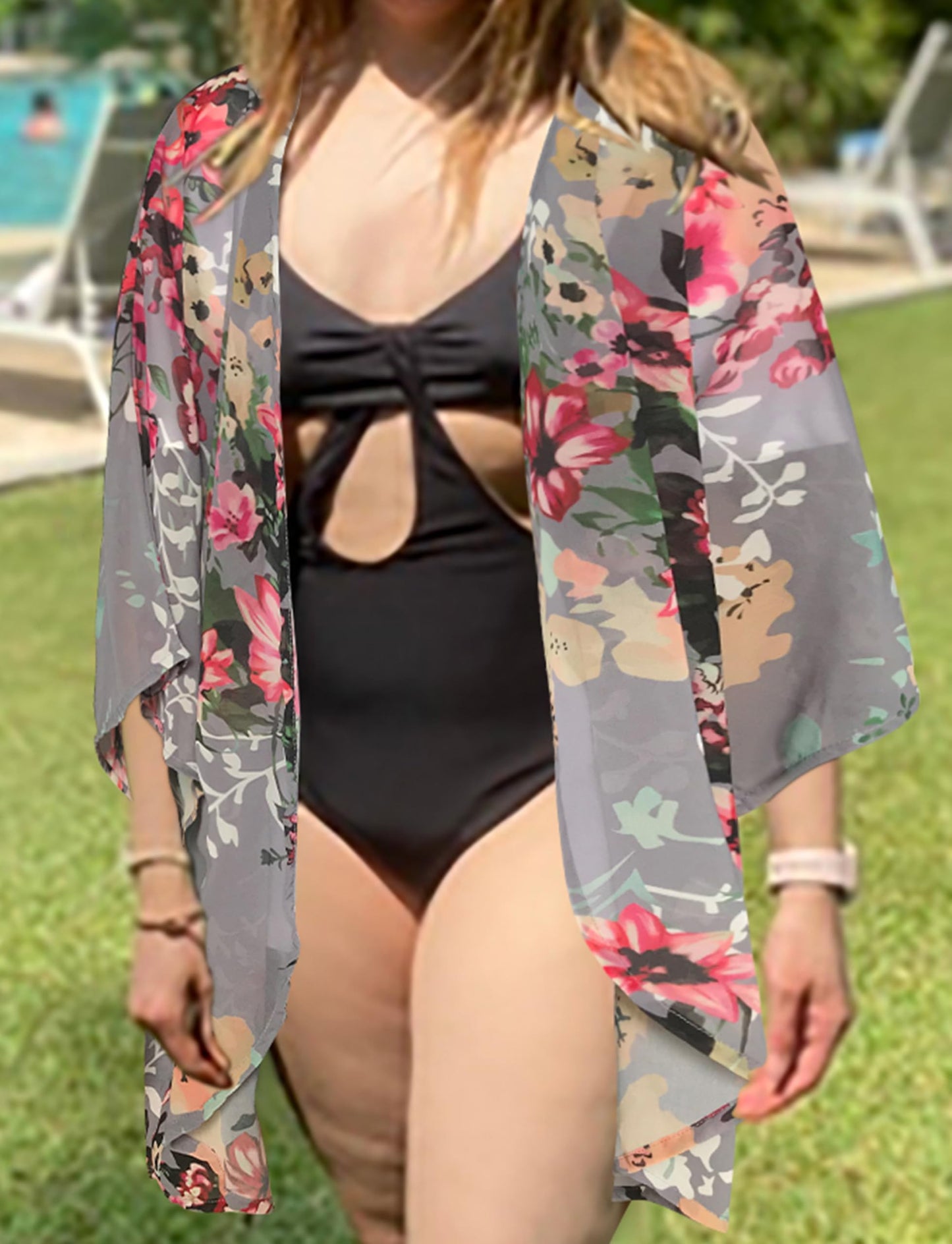 Women's Floral Print Puff Sleeve Kimono Cardigan Loose Cover Up Casual Blouse Tops (Darkgrey, 2XL)