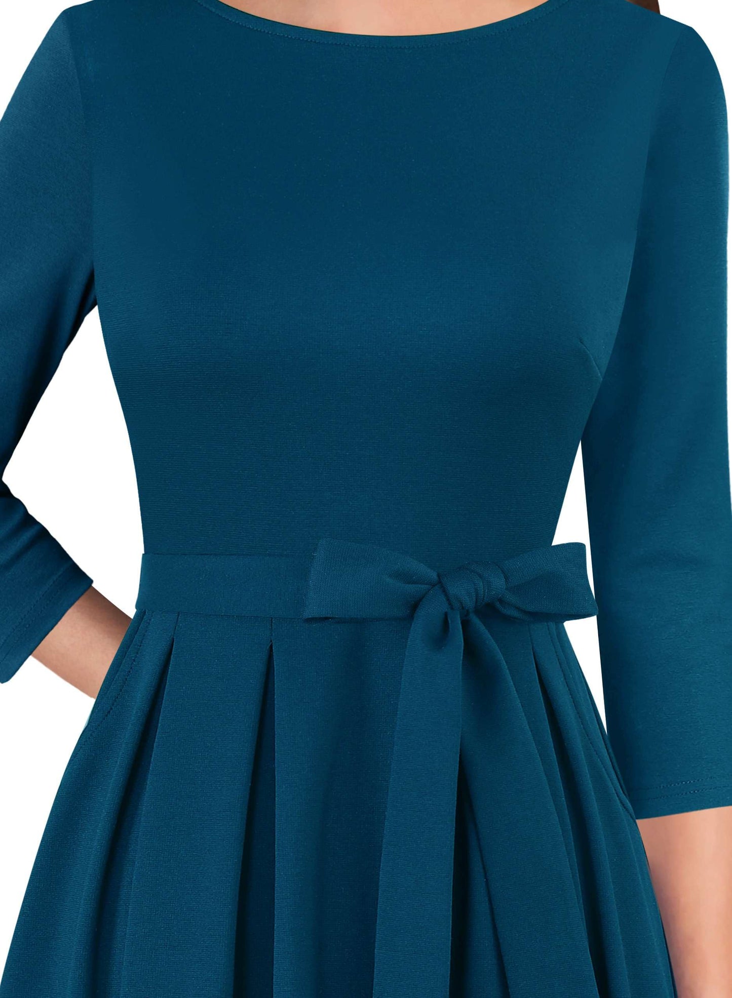 VFSHOW Womens Work Office Business Casual Fit and Flare Crew Neck Belted Pockets Church Pleated A Line Midi Dress (Peacock Blue, Large) 12097 BLU L