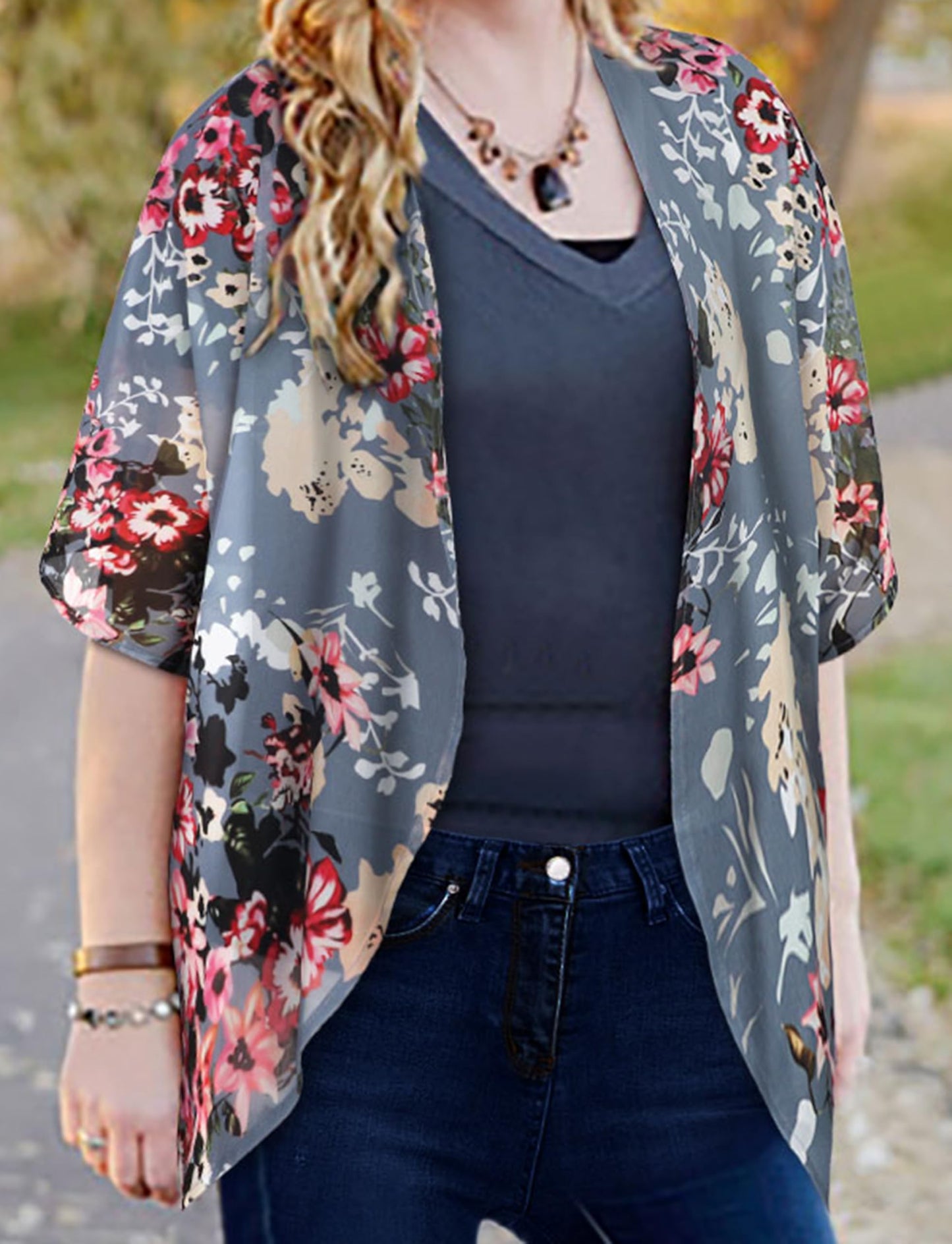 Women's Floral Print Puff Sleeve Kimono Cardigan Loose Cover Up Casual Blouse Tops (Darkgrey, 2XL)