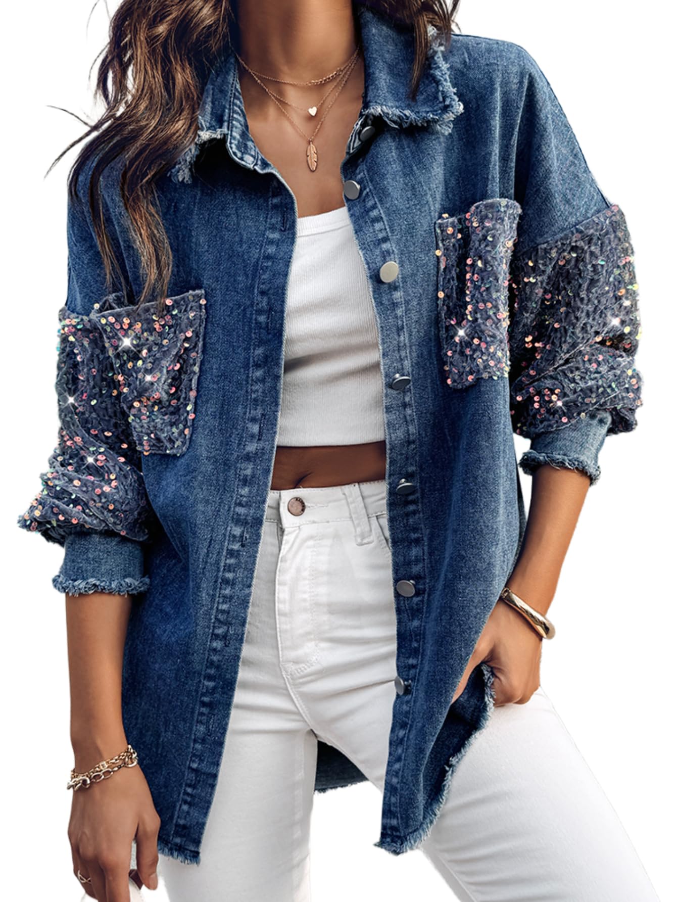 CHICME Womens Casual Denim Jacket Contrast Sequin Long Sleeve Rhinestone Denim Jackets-ldb-L