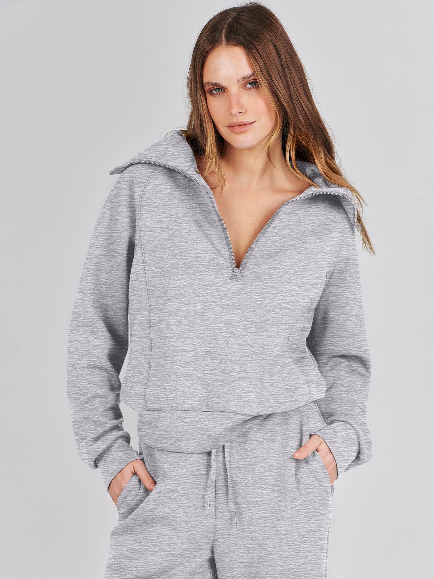 ANRABESS Women 2 Piece Outfits 2025 Fall Fashion Airport Wide Leg Pants Lounge Set Leisure Travel Vacation Clothes Sweatsuits Light Grey X-Large