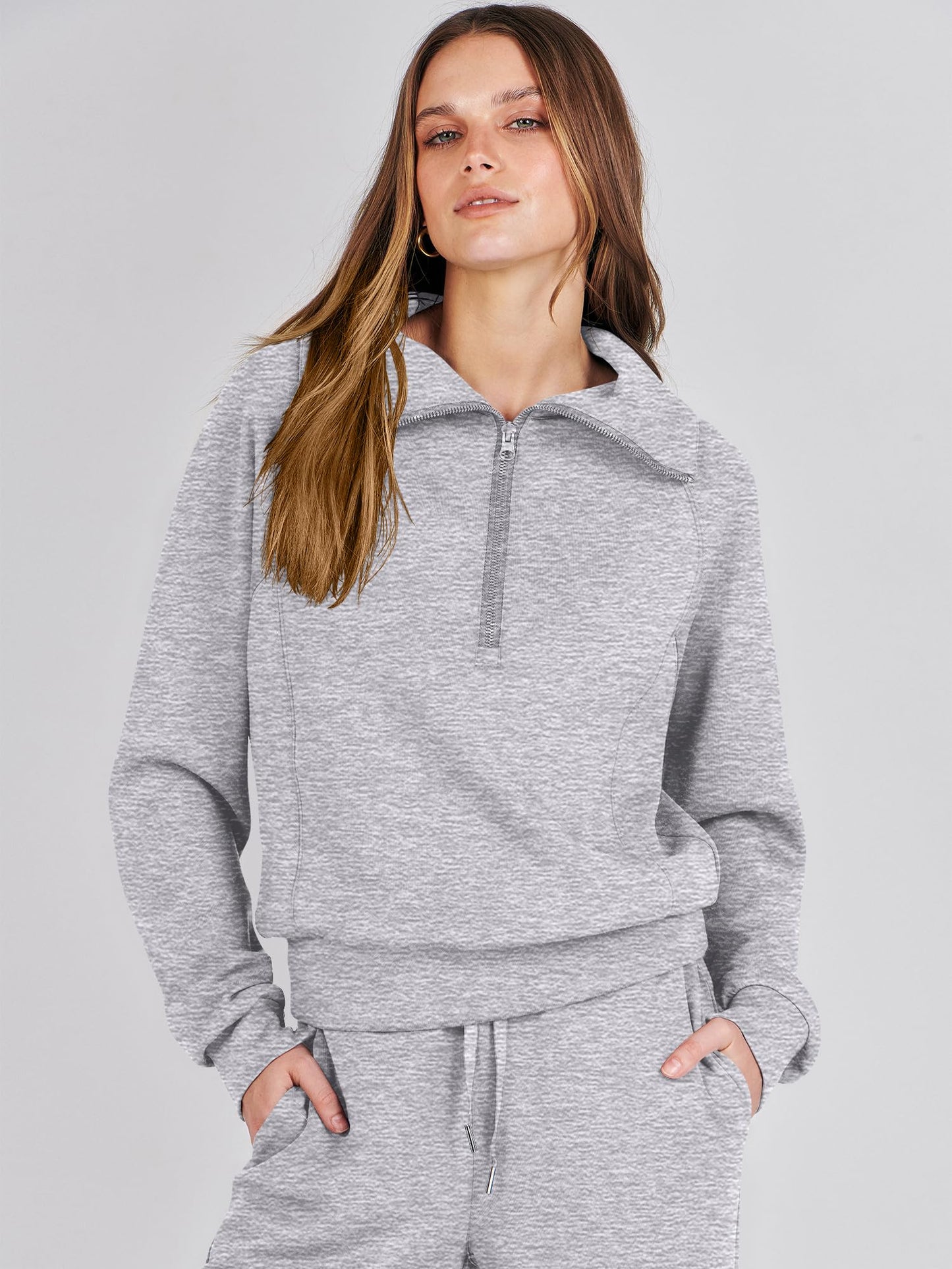 ANRABESS Women 2 Piece Outfits 2025 Fall Fashion Airport Wide Leg Pants Lounge Set Leisure Travel Vacation Clothes Sweatsuits Light Grey X-Large