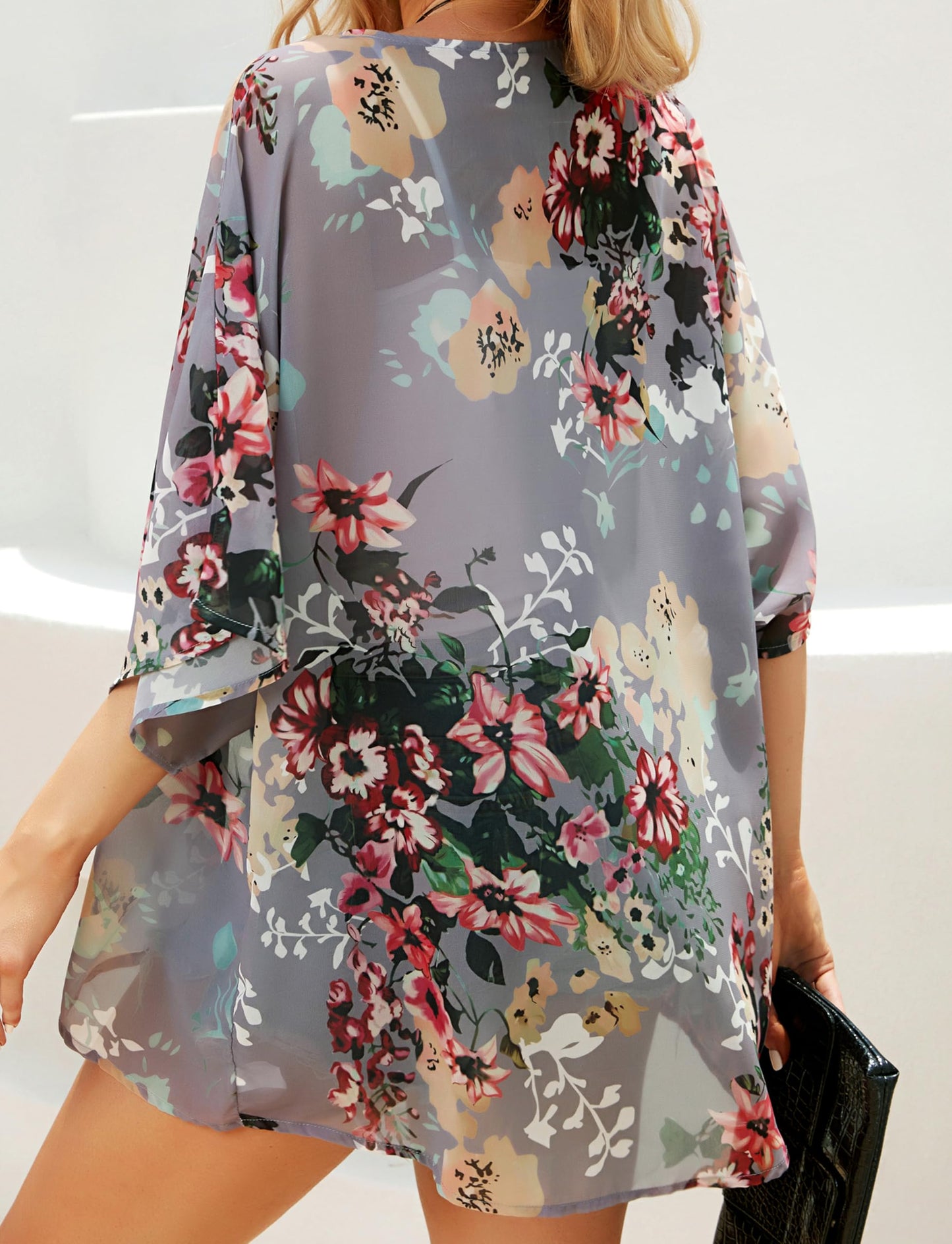 Women's Floral Print Puff Sleeve Kimono Cardigan Loose Cover Up Casual Blouse Tops (Darkgrey, 2XL)