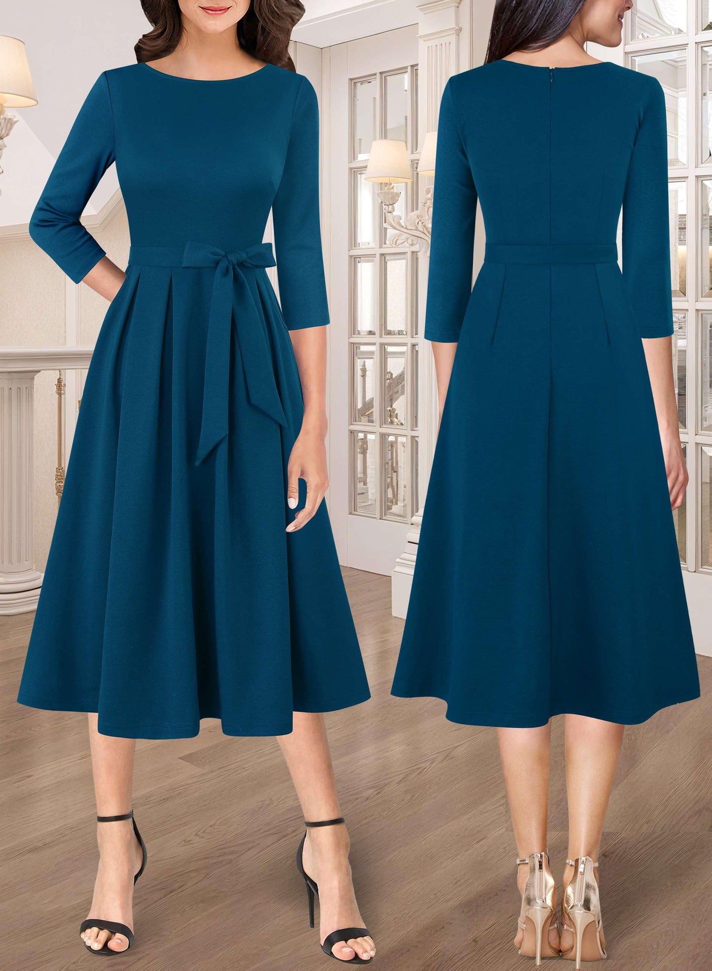 VFSHOW Womens Work Office Business Casual Fit and Flare Crew Neck Belted Pockets Church Pleated A Line Midi Dress (Peacock Blue, Large) 12097 BLU L