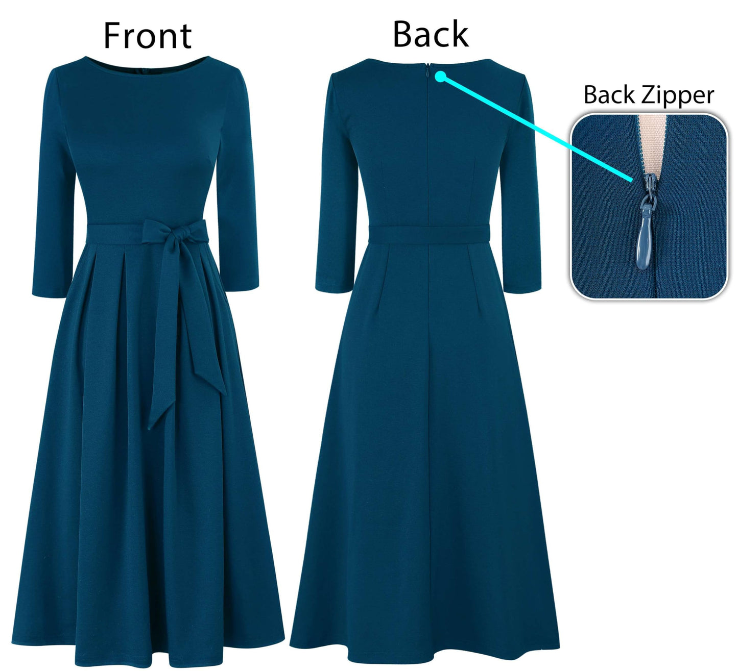 VFSHOW Womens Work Office Business Casual Fit and Flare Crew Neck Belted Pockets Church Pleated A Line Midi Dress (Peacock Blue, Large) 12097 BLU L