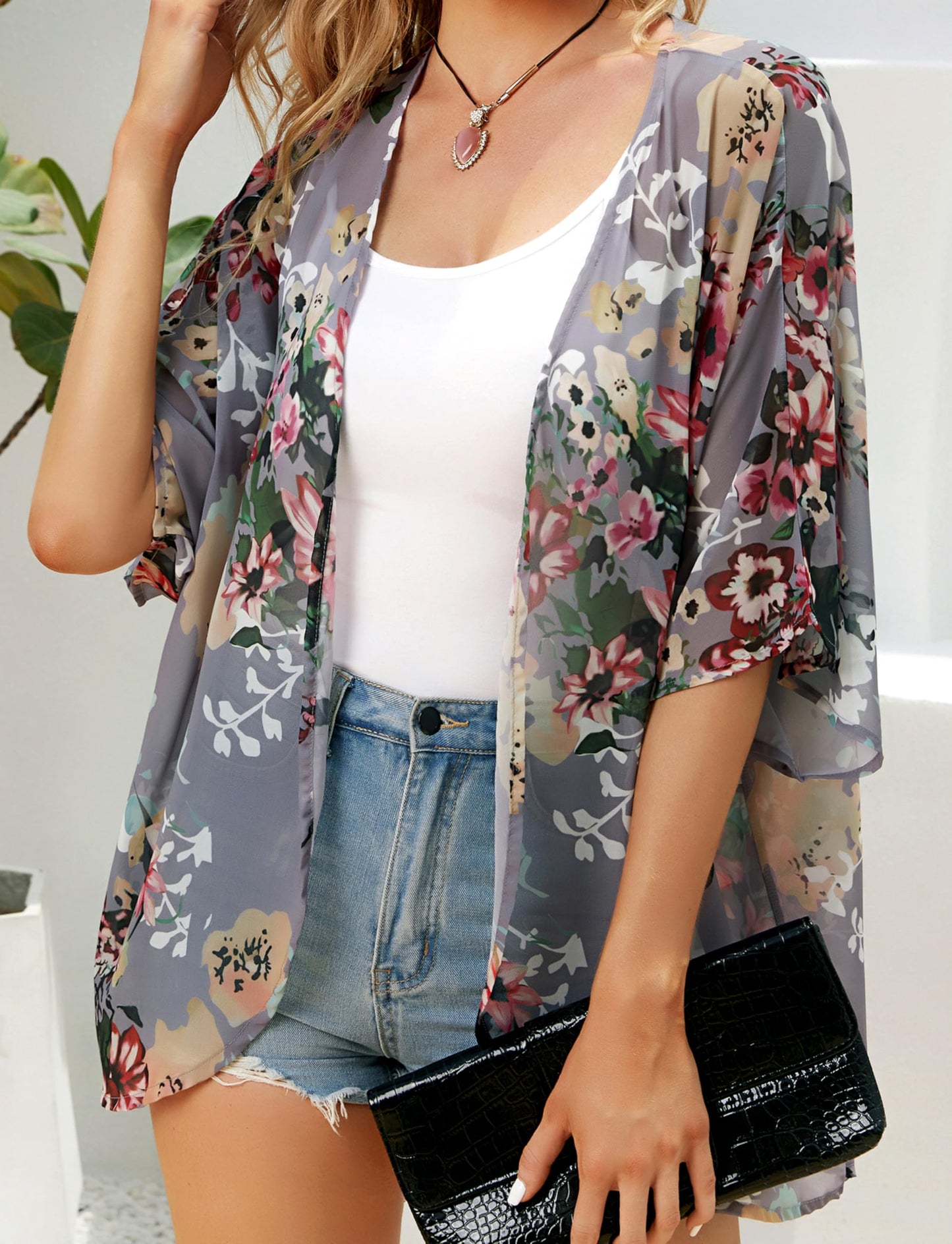 Women's Floral Print Puff Sleeve Kimono Cardigan Loose Cover Up Casual Blouse Tops (Darkgrey, 2XL)