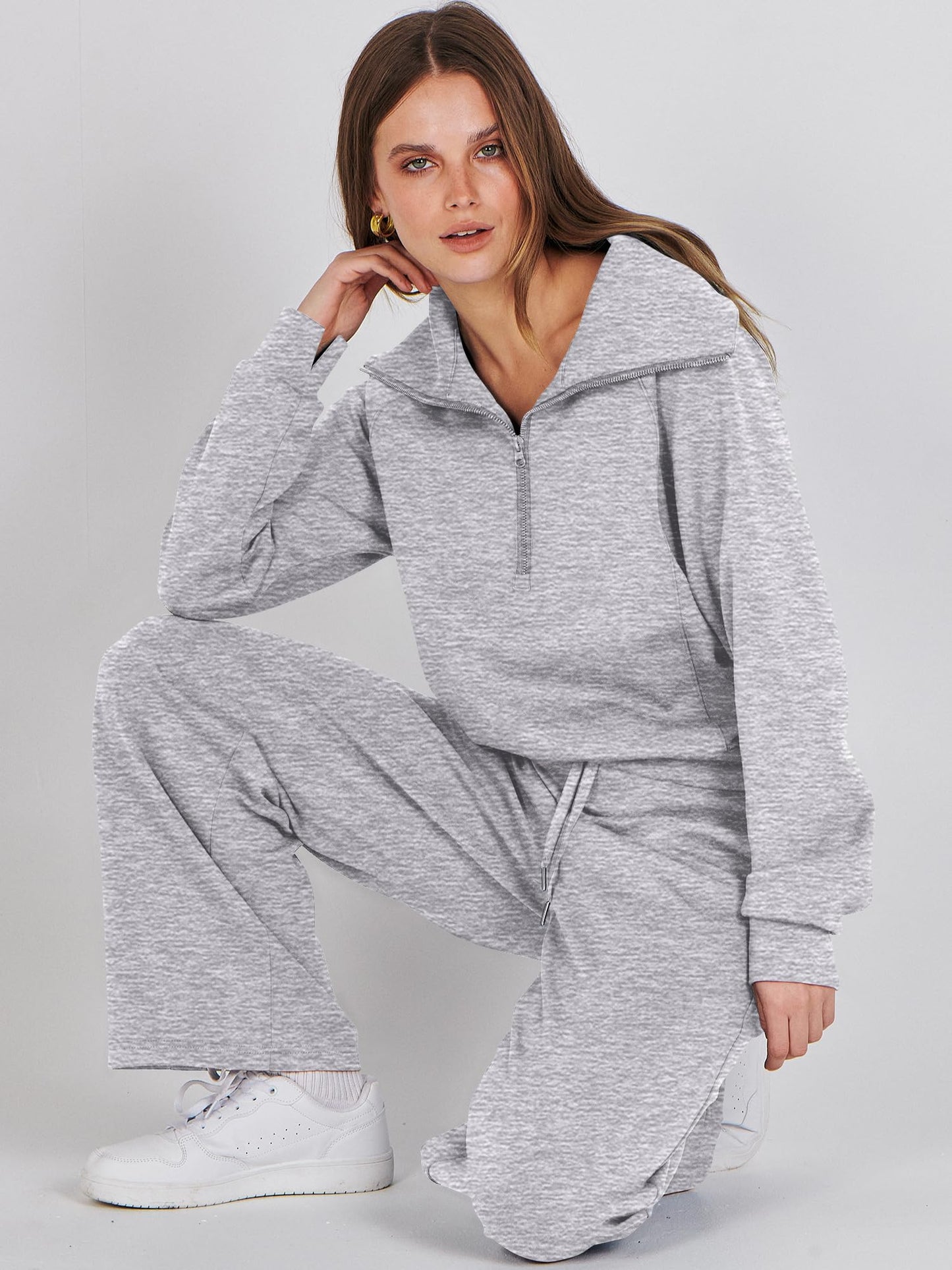 ANRABESS Women 2 Piece Outfits 2025 Fall Fashion Airport Wide Leg Pants Lounge Set Leisure Travel Vacation Clothes Sweatsuits Light Grey X-Large