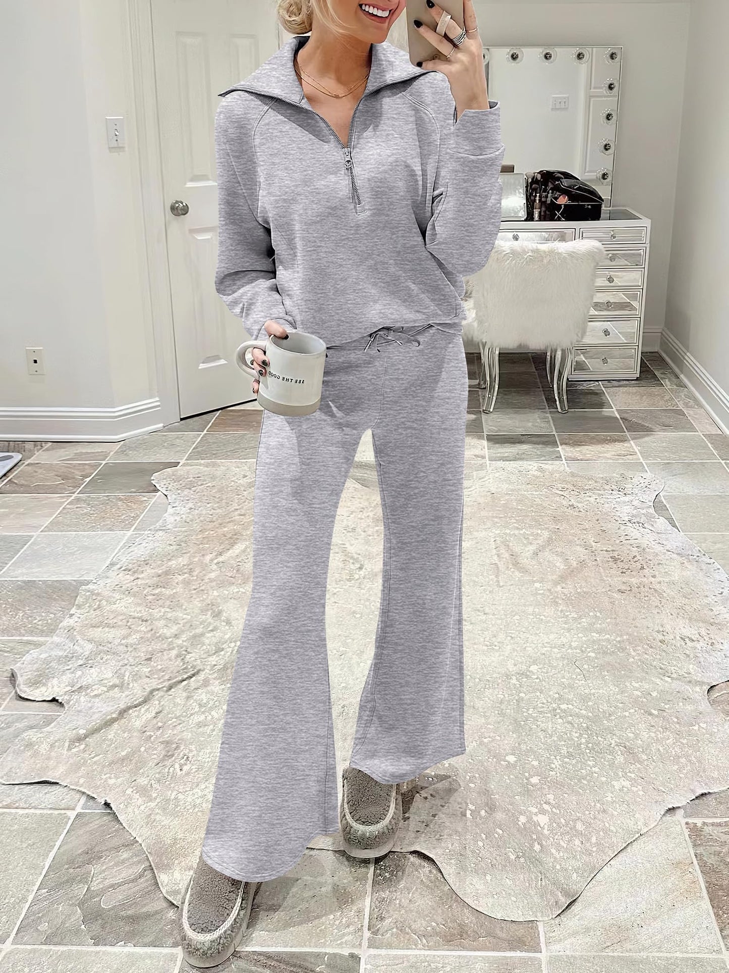 ANRABESS Women 2 Piece Outfits 2025 Fall Fashion Airport Wide Leg Pants Lounge Set Leisure Travel Vacation Clothes Sweatsuits Light Grey X-Large