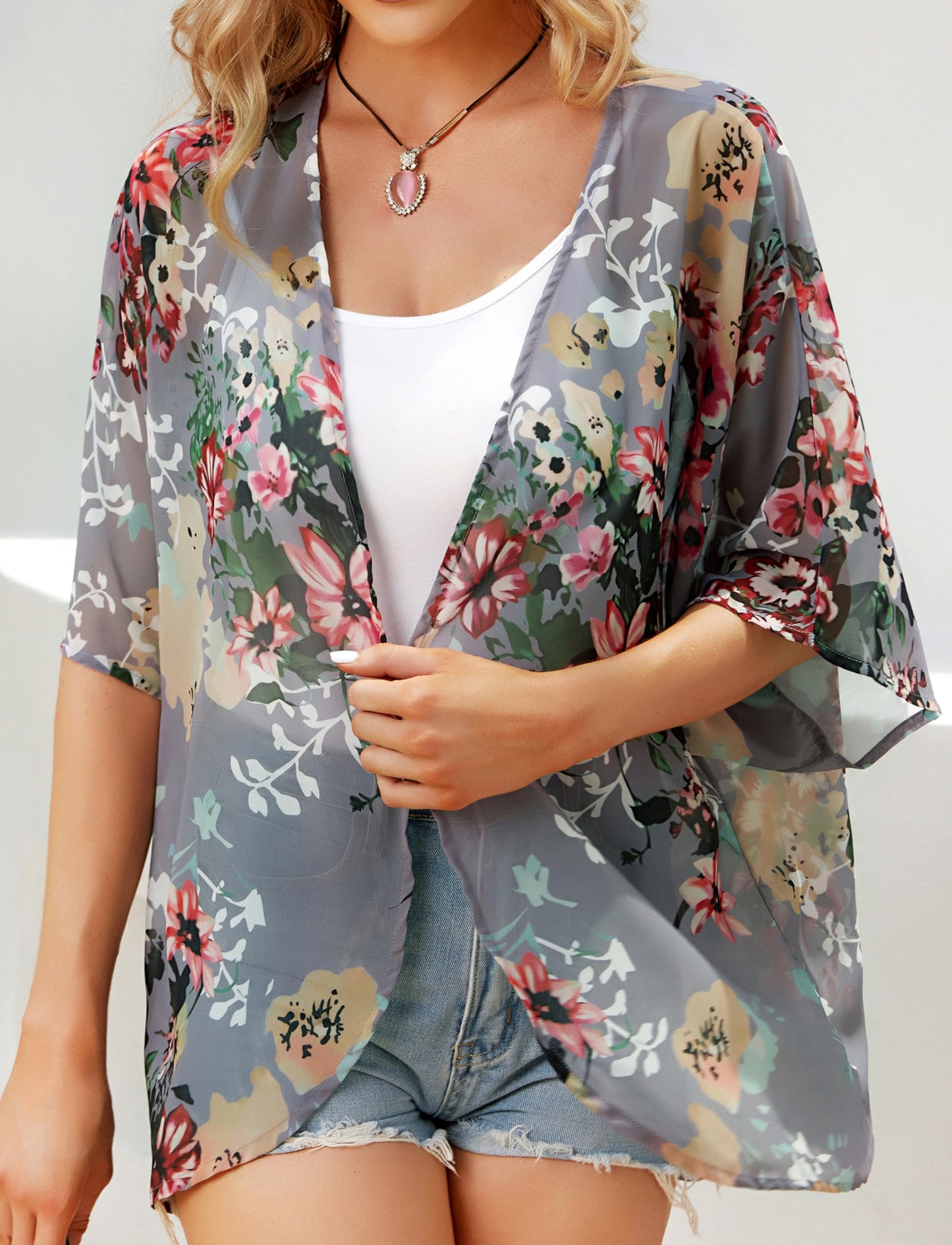 Women's Floral Print Puff Sleeve Kimono Cardigan Loose Cover Up Casual Blouse Tops (Darkgrey, 2XL)
