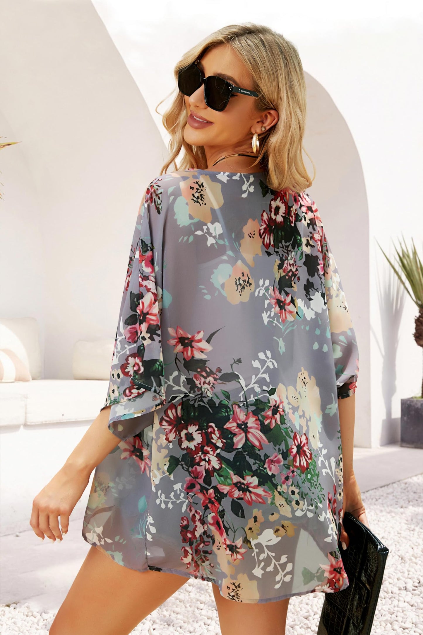 Women's Floral Print Puff Sleeve Kimono Cardigan Loose Cover Up Casual Blouse Tops (Darkgrey, 2XL)