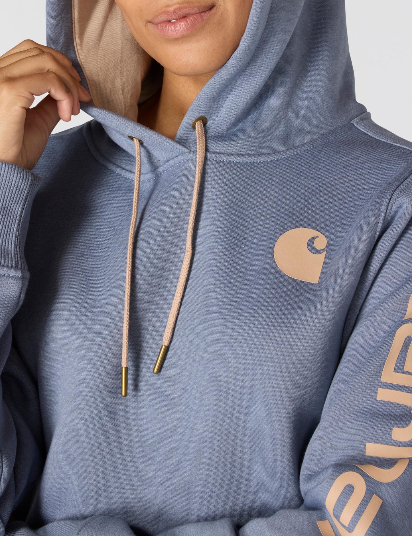 Carhartt Women's Relaxed Fit Midweight Logo Sleeve Graphic Sweatshirt, Light Faded Navy Heather/Light Taupe Hea, Small