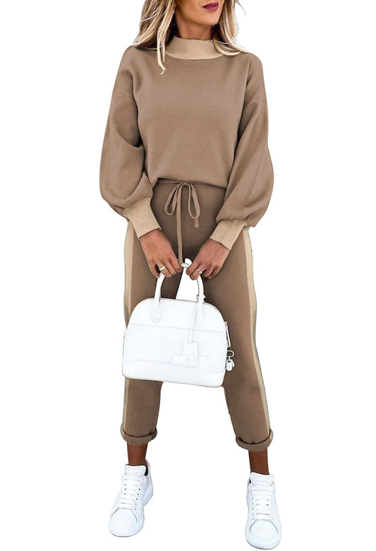 Fixmatti Women's 2 Piece Outfits Contrast Color Sweatshirt Matching Sweatpants Jogger Set Tracksuit Casual Jogging Suits Trendy Fashion L