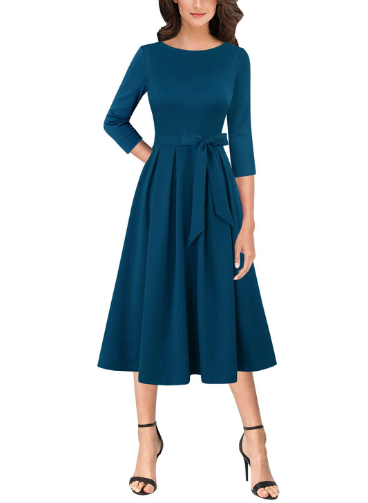VFSHOW Womens Work Office Business Casual Fit and Flare Crew Neck Belted Pockets Church Pleated A Line Midi Dress (Peacock Blue, Large) 12097 BLU L