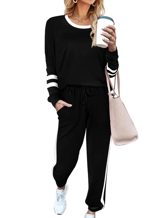 Aloodor Lounge Sets for Women Loungewear Set Casual Stripe Sleeve Tops Date Outfits Fashion Clothing Black S