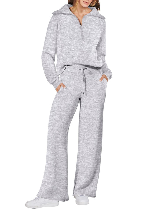 ANRABESS Women 2 Piece Outfits 2025 Fall Fashion Airport Wide Leg Pants Lounge Set Leisure Travel Vacation Clothes Sweatsuits Light Grey X-Large