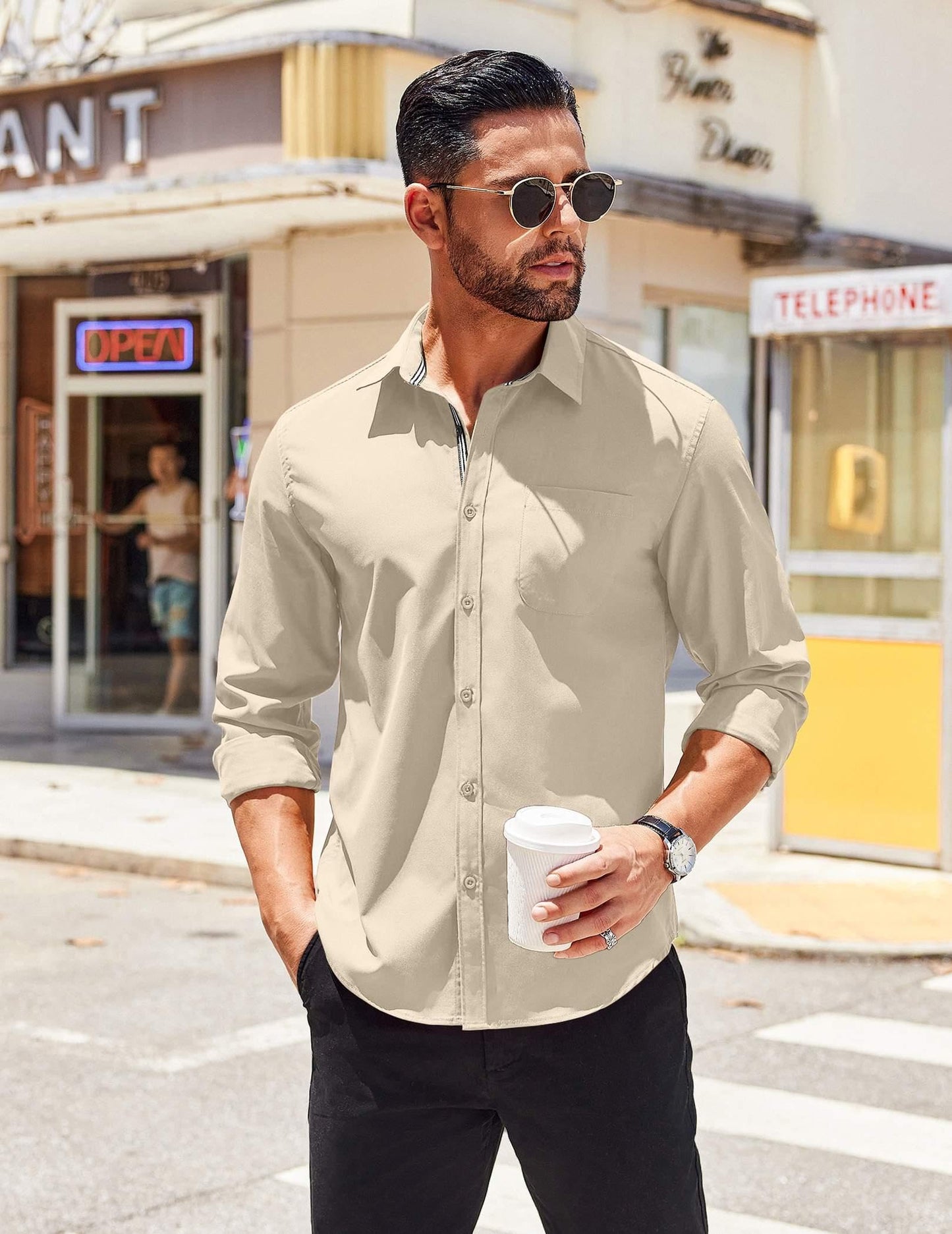 COOFANDY Mens Dress Shirts Long Sleeve Casual Button Down Untucked Shirts for Men Light Khaki